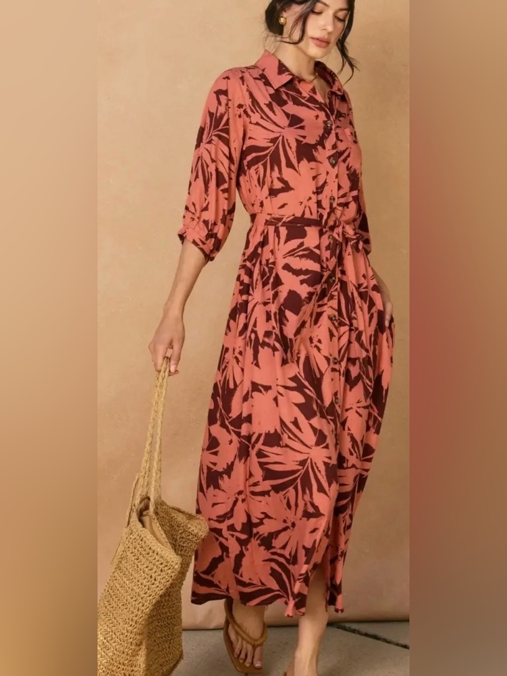 NWOT Dress Forum Tropical Palm Print Midi Shirt Dress Linen Blend Small